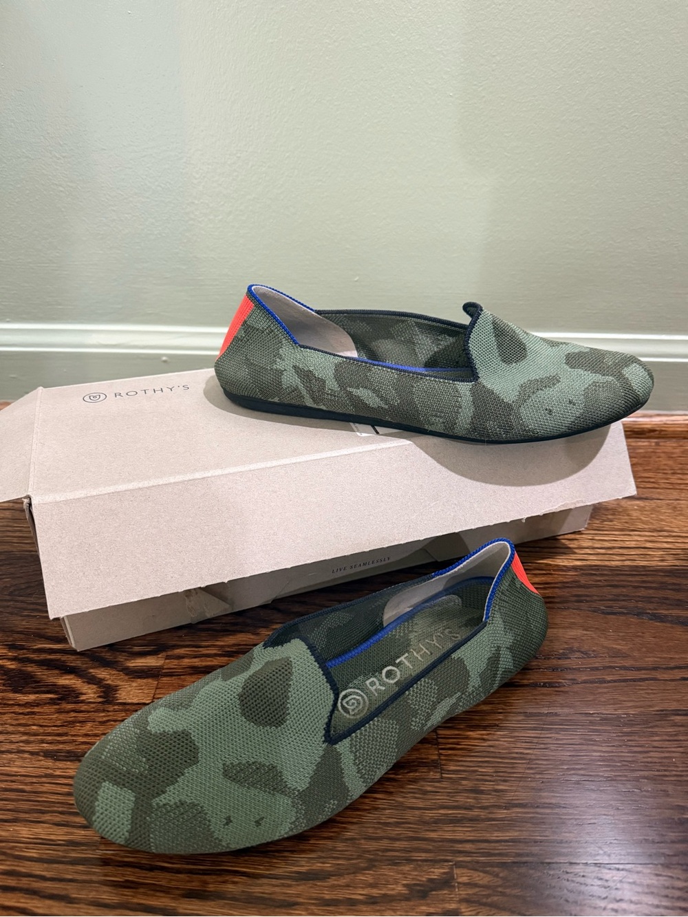 Rothy's Green Camo Knit Slip-On Flats with Blue Trim & Red Heel Tab